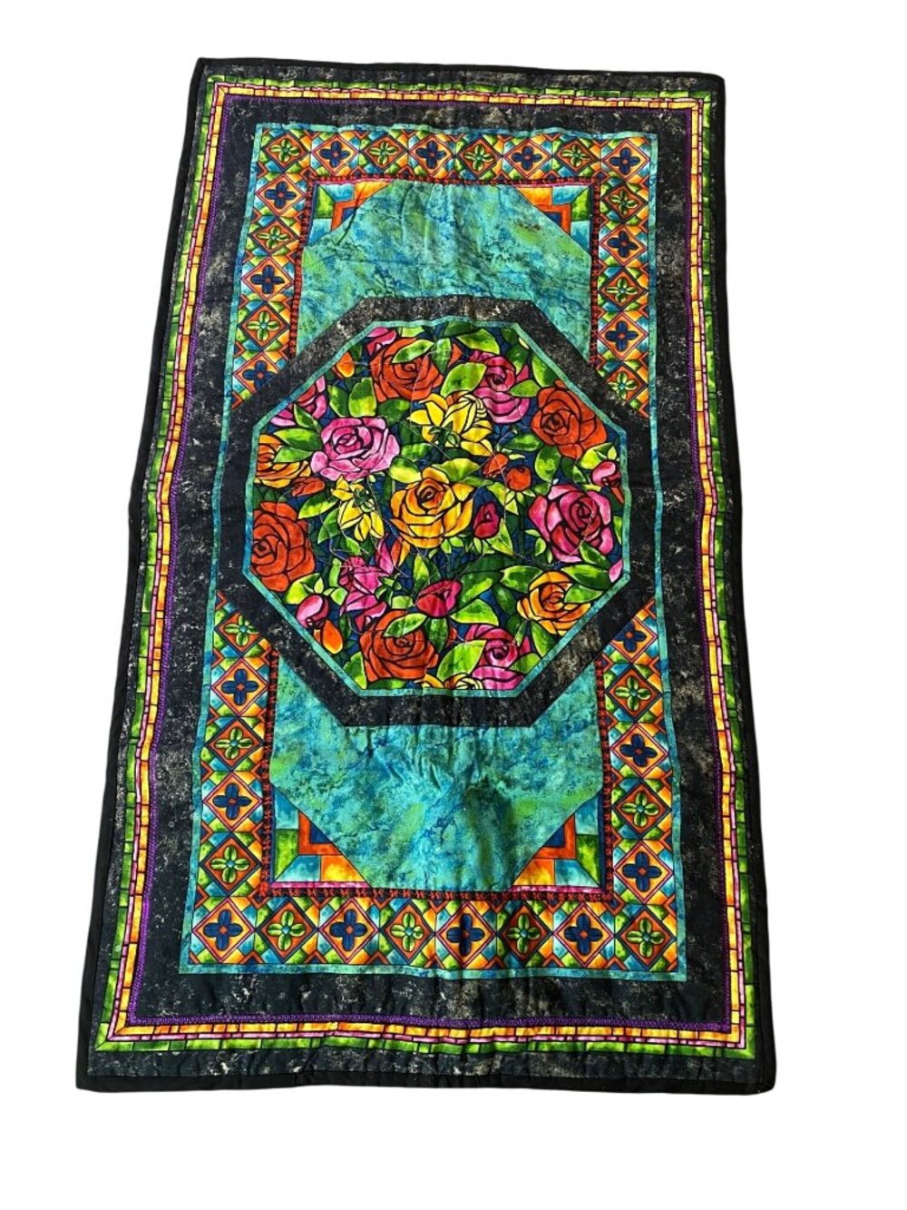 Stained Glass-Inspired Floral Handmade Quilted Throw Blanket 40x23" Reversible